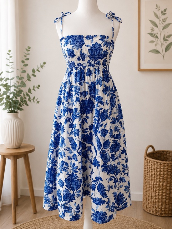Super Natural Dresses & Skirts - Floral Smocked Dress Skirt Blue White Convertible Resort Summer